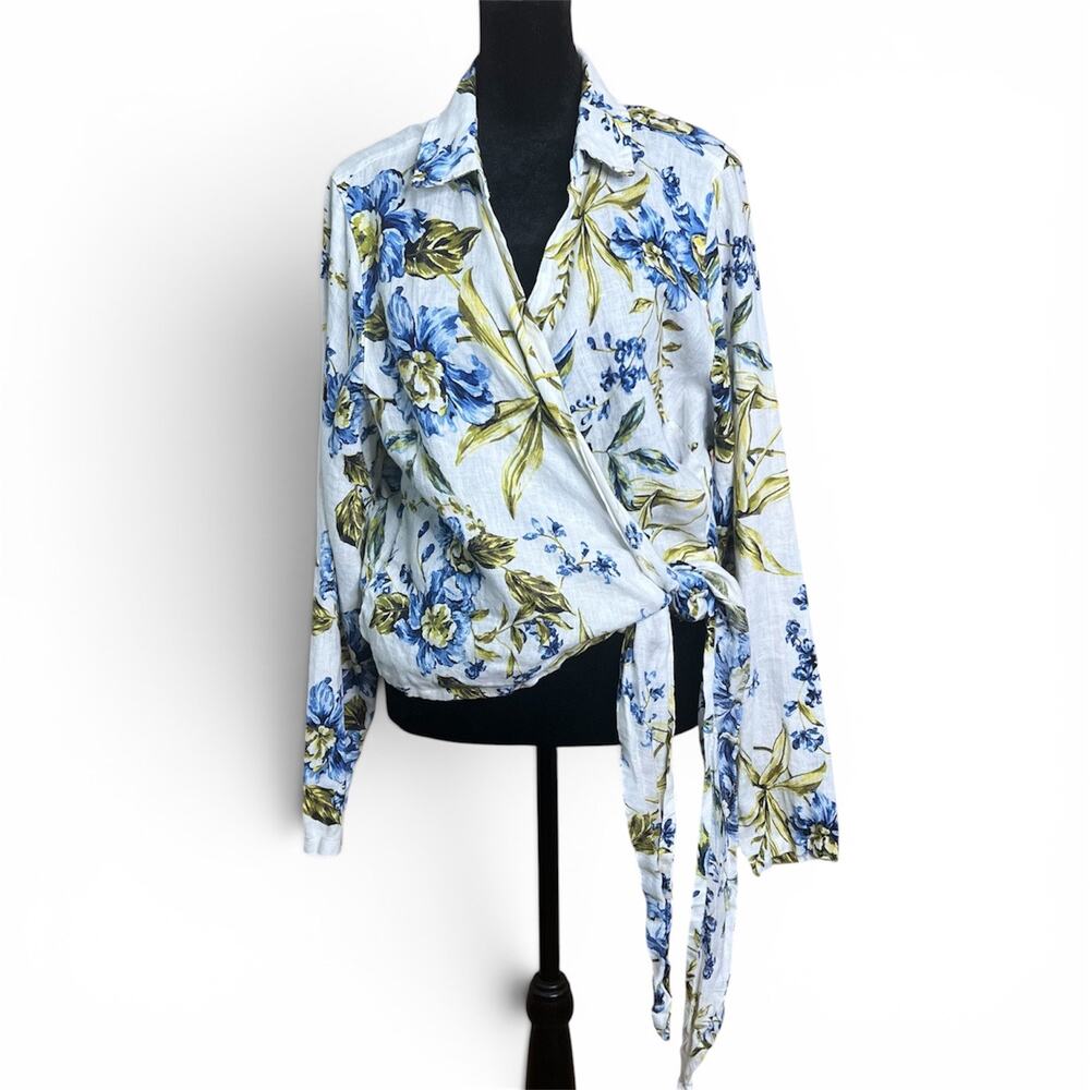 Joie Wrap Floral Front Tie Linen Blouse Blue Botanical Long Sleeve Size XL